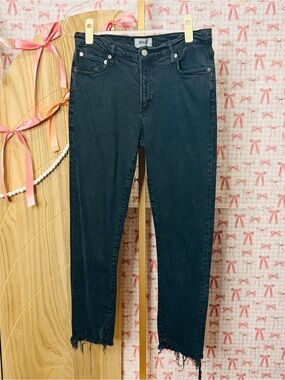 AGOLDE Toni Mid Rise Straight Cropped Raw Cut Fray Hem Black Denim Jeans 29